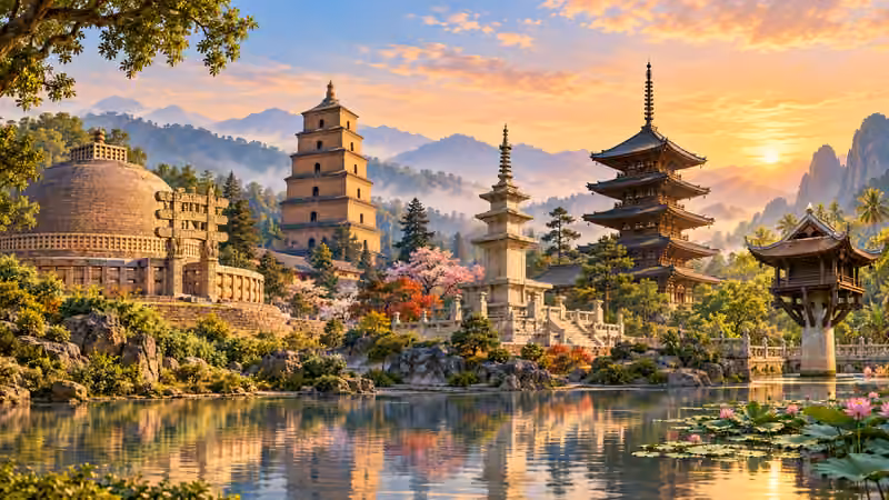 インド・中国・韓国・日本・ベトナムの仏教建築を描いたパノラマ