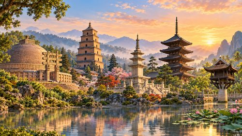 Toàn cảnh minh họa kiến trúc Phật giáo Ấn Độ, Trung Quốc, Triều Tiên, Nhật Bản và Việt Nam