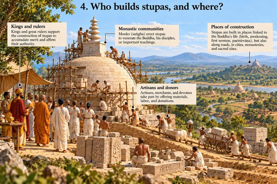 Who builds stupas, and where?