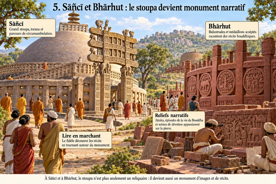 Sāñcī et Bhārhut : le stoupa devient monument narratif
