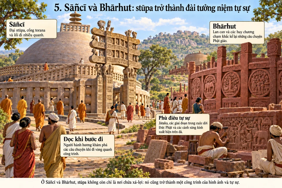 Sāñcī và Bhārhut: stūpa trở thành đài tưởng niệm tự sự