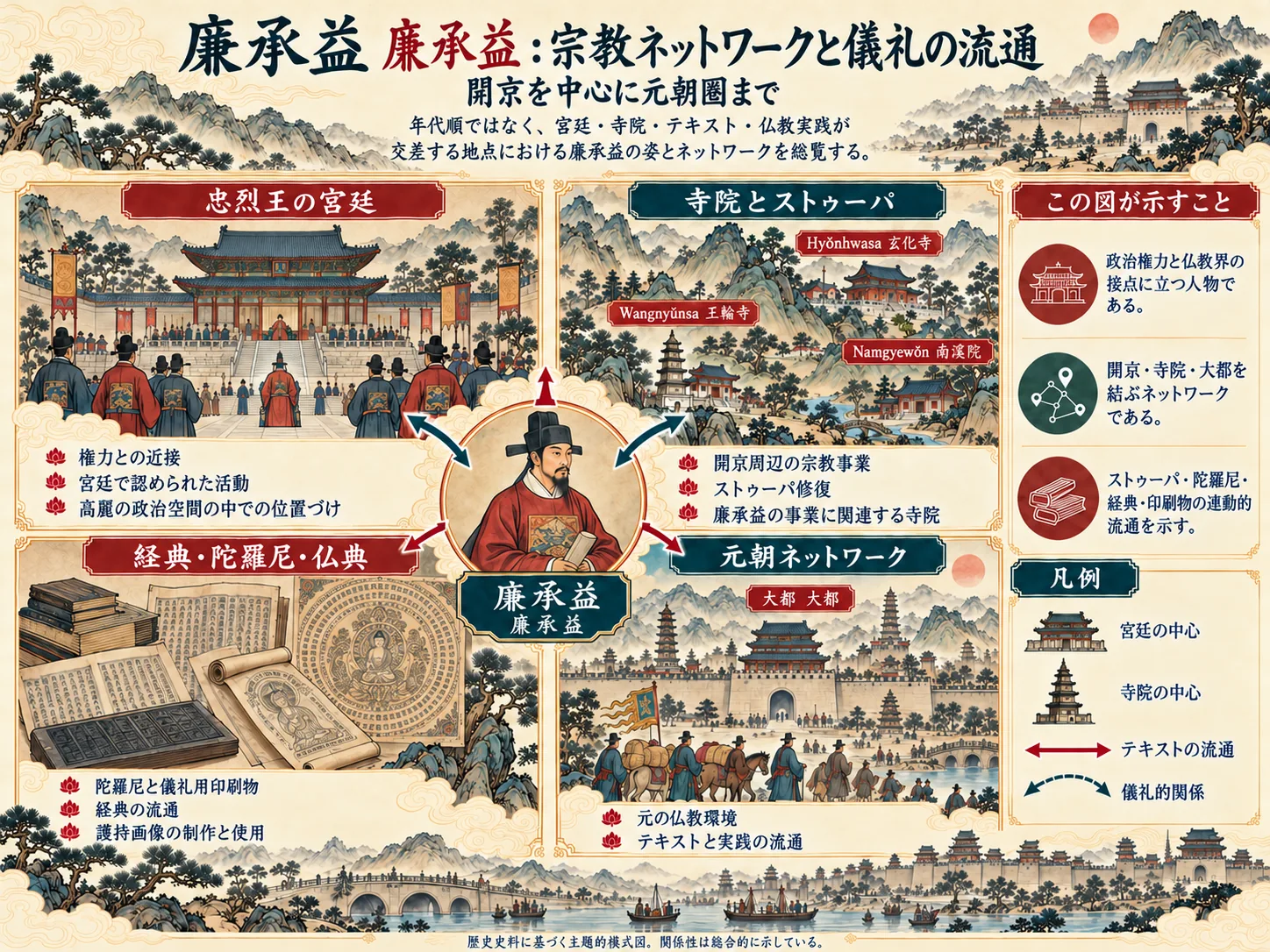 廉承益を中心に、忠烈王の宮廷、開京の寺院、仏教テクスト、元朝のネットワークを示す宗教ネットワークと儀礼流通のインフォグラフィック。