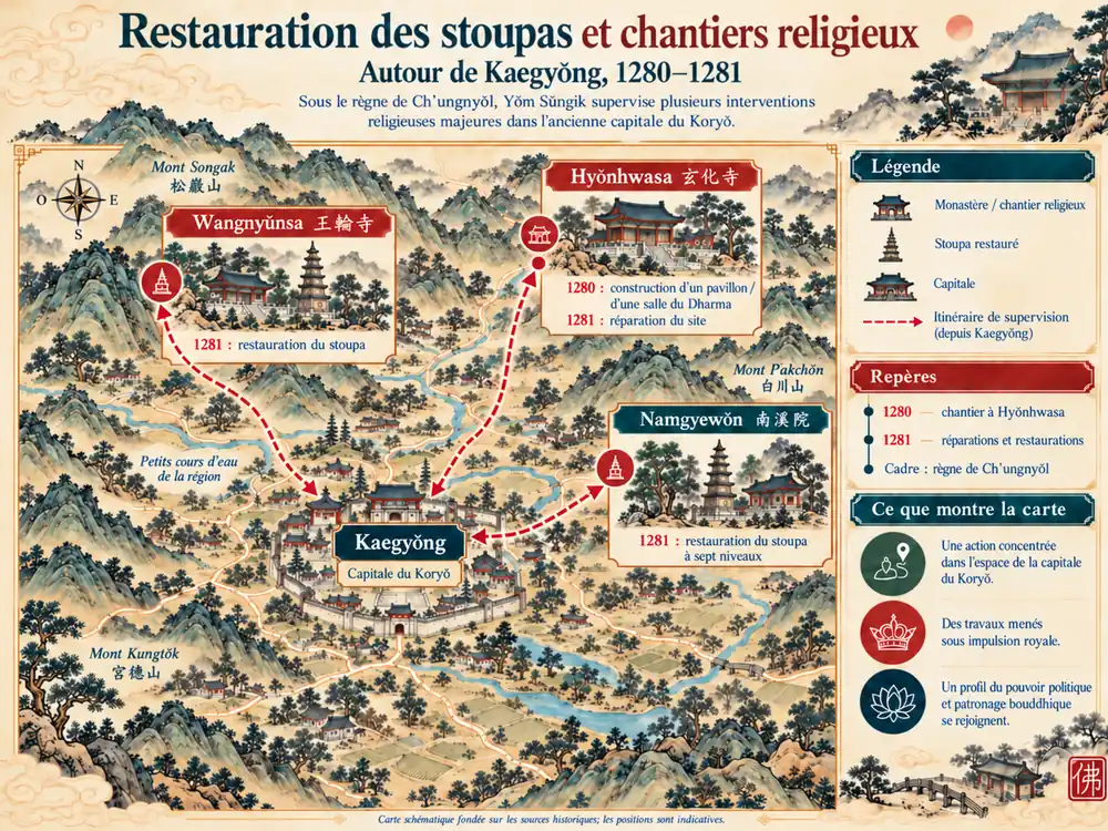 Carte schématique des restaurations de stoupas et chantiers religieux autour de Kaegyŏng en 1280–1281.