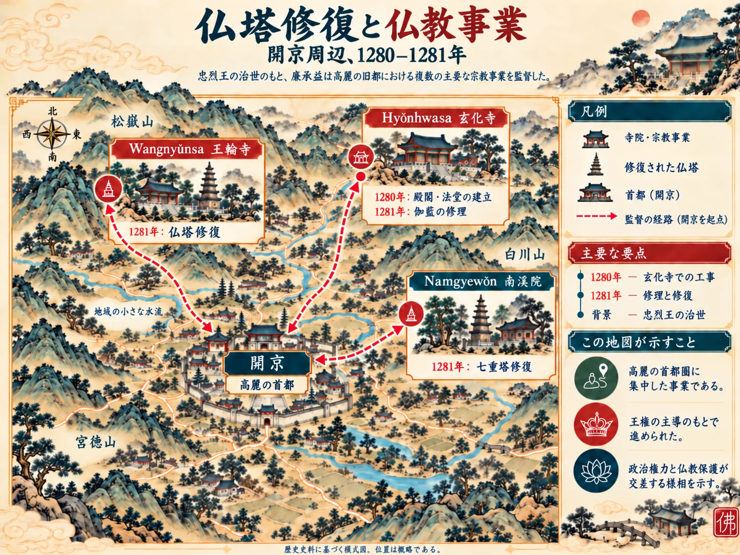 1280–1281年の開京周辺における玄化寺、王輪寺、南溪院の仏塔修復と仏教事業を示す概略図。